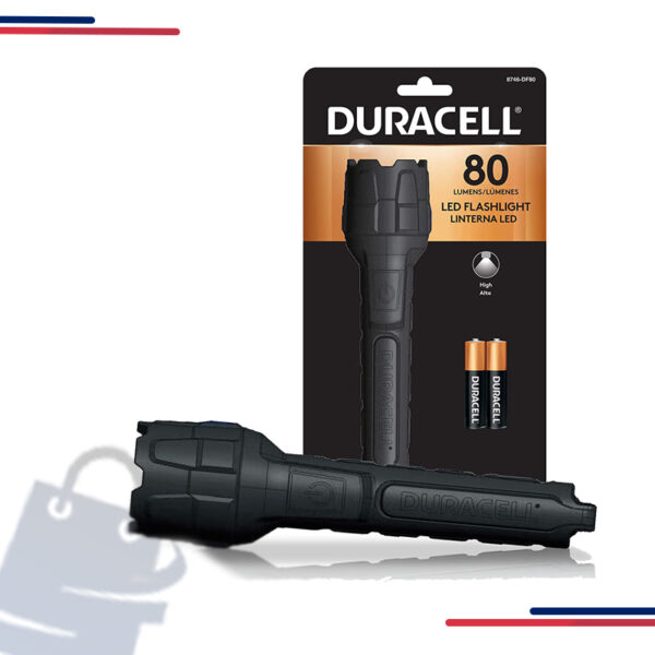Duracell 8753-DF100 Rubber LED Flashlight, Lumens, 2 Modes, 2-AA in Batteries Incl. Yes/2-AAA and Lumens 80